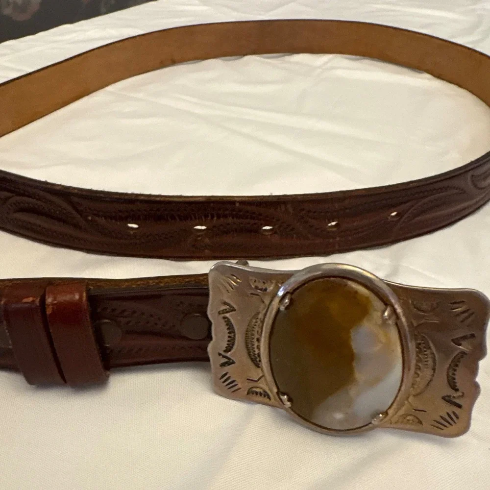 Vintage Handmade Tex Tan Leather‎ Belt Western Style Stone Buckle Brown Size 38